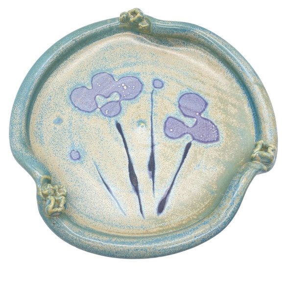 Art Dish stoneware pottery trinket dish plate Floral flowers Feminine blue heavy - Picture 1 of 11